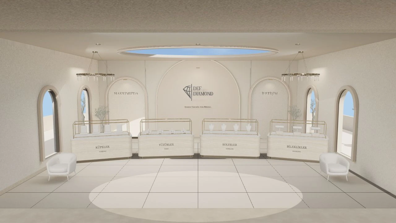 Traverten vitrinler, şampanya altın avizeler ve gökyüzüne açılan tavanıyla DEF Pırlanta showroom’u